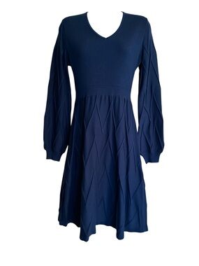 Nina Leonard Navy Knit V-Neck Puff Sleeve Dress Size Medium